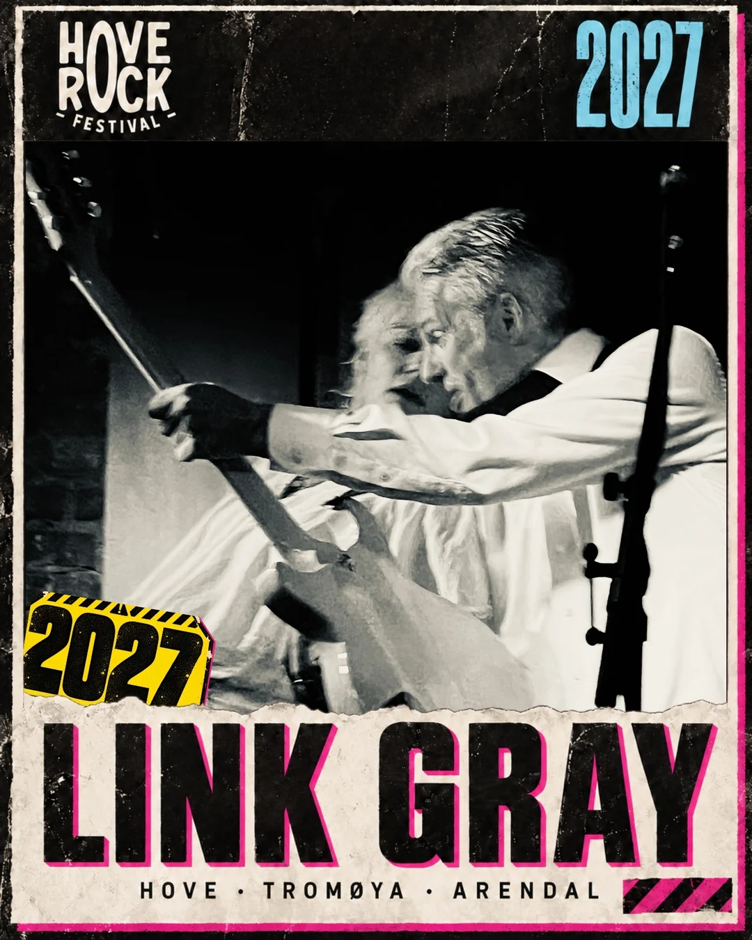 LINK GRAY-plakat for Hove Rock 2027: gitarist og Rannveig Sørskaar i svart-hvitt